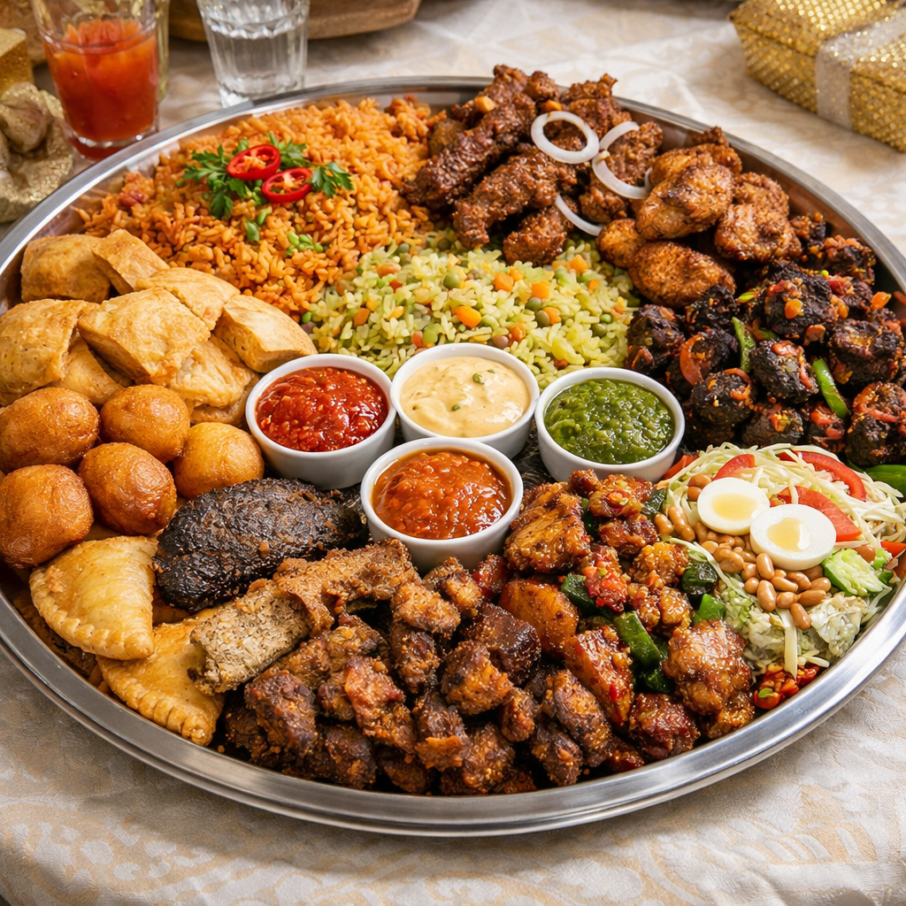 Jollof rice and chicken food tray